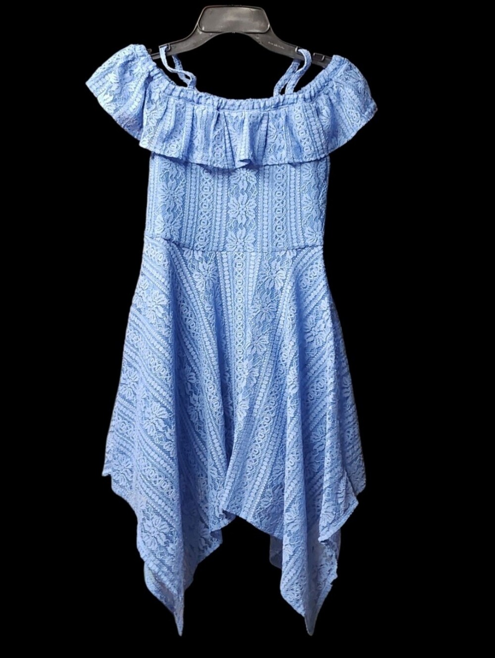 Girls BCBGirls Blue Lace Handkerchief Hem Dress With Built In Slip Size 10